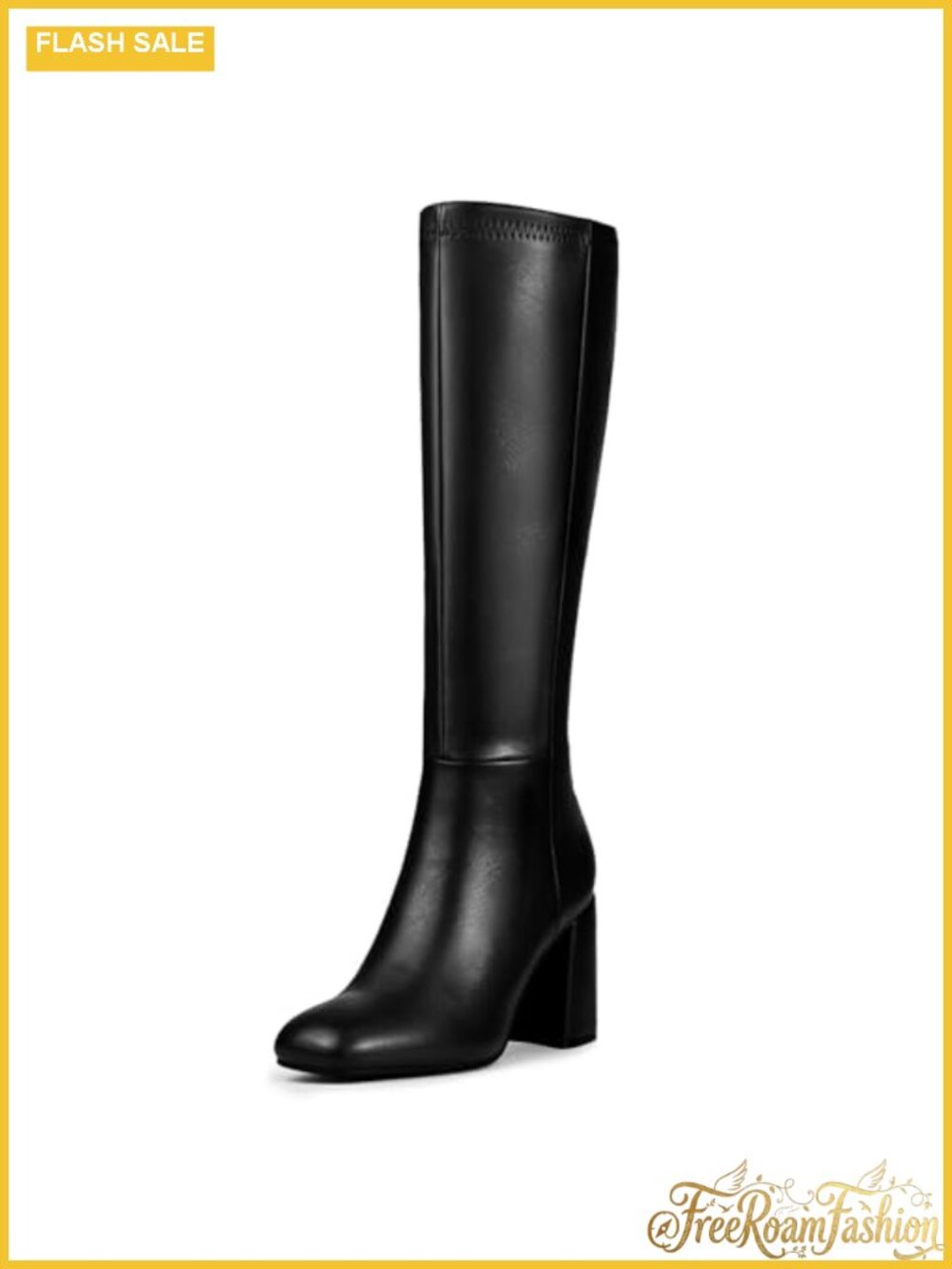 Women's Knee High Faux Leather Boots Square Toe Chunky Block Heel Side Zip Tall